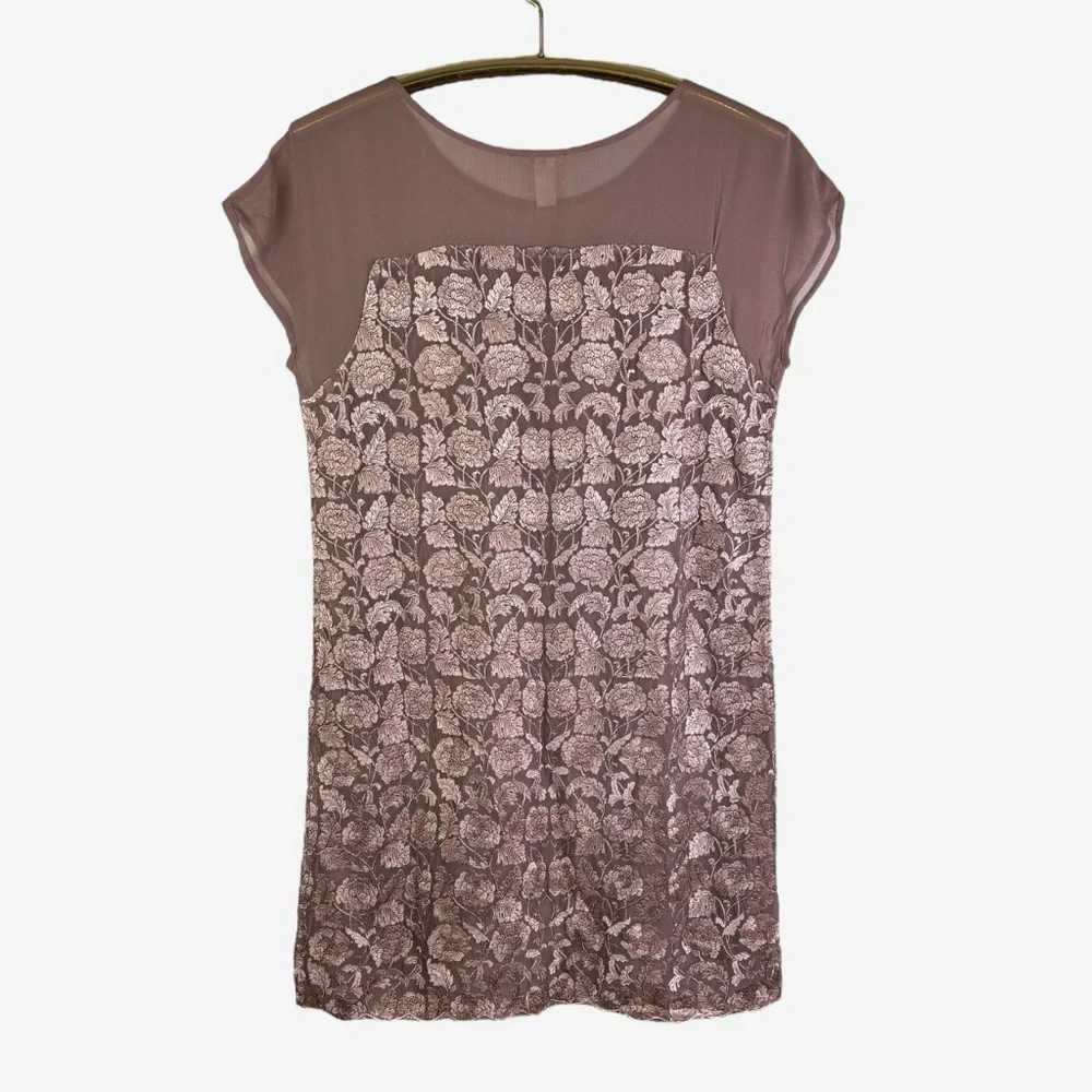 Sundance Angelica Dress Size PM Petite Medium Embroidered Overlay Lined Taupe
